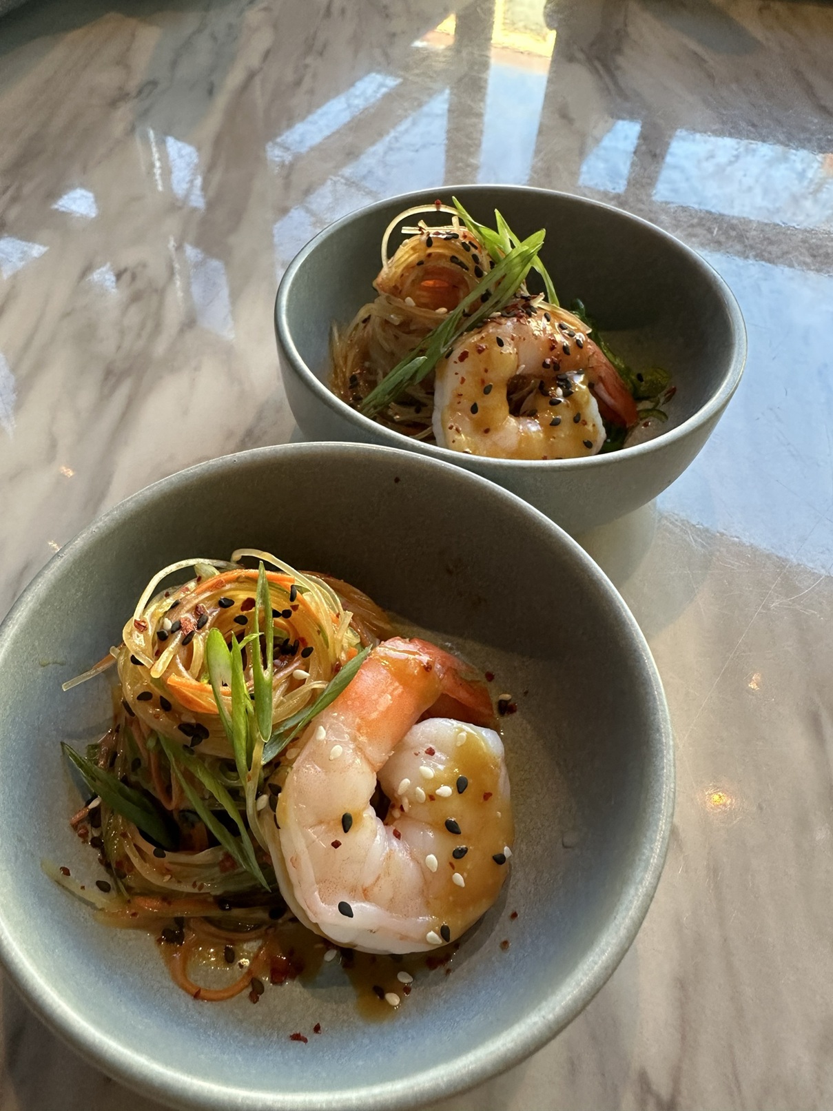 Chilled Shrimp and Noodle Salad with a refined miso vinaigrette